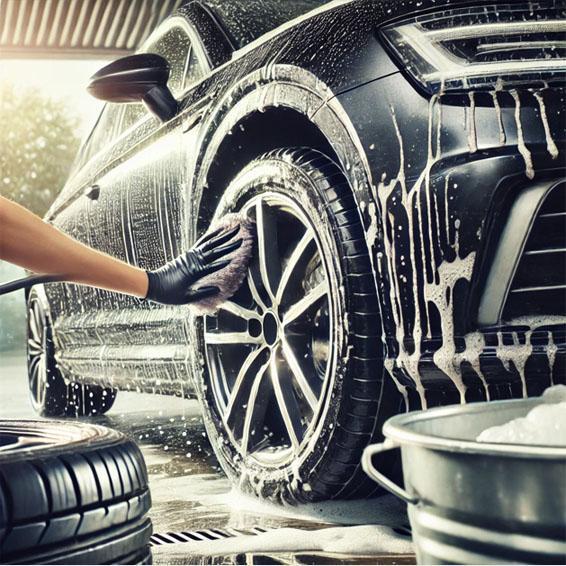 wheel cleaning the black car